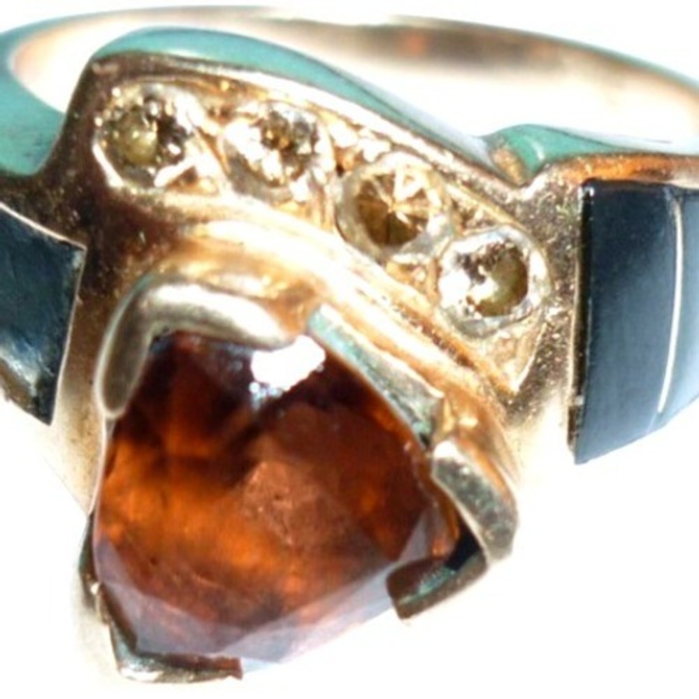 THANE DELEON‎ Zuni 14K GOLD Smoky Quartz Yellow DIAMOND Onyx Ring sz 6.5